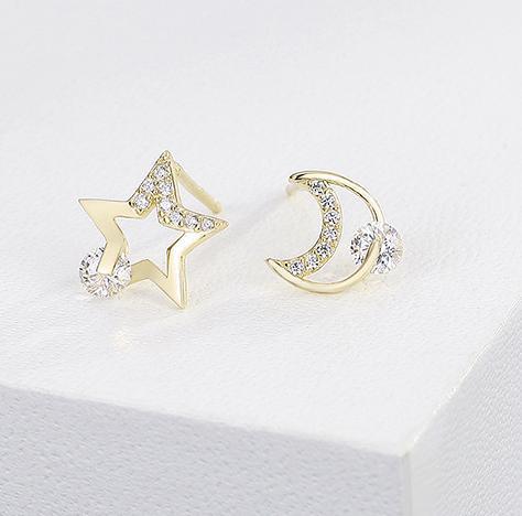 Star Moon 925 Sterling Silber vergoldete Pop-Ohrringe